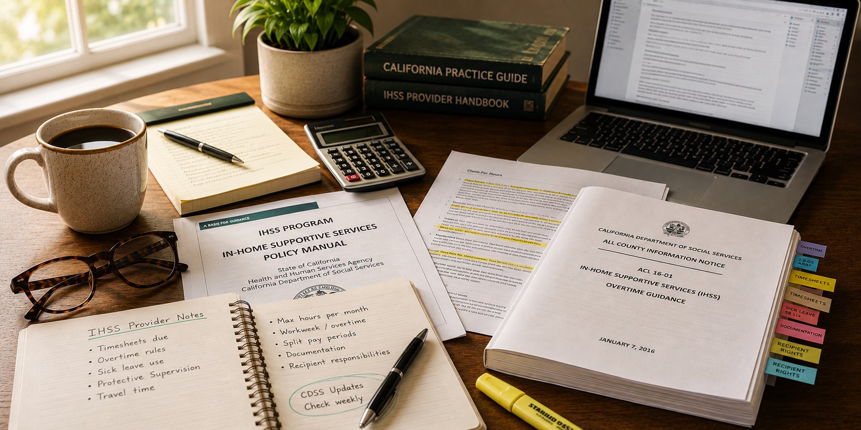 Un escritorio con notas de proveedor de IHSS, el Manual de Politicas del Programa IHSS de Servicios de Apoyo en el Hogar, la guia ACL 16-01 sobre horas extras, una calculadora, lentes y una taza de cafe, junto a una computadora portatil que muestra documentacion de IHSS