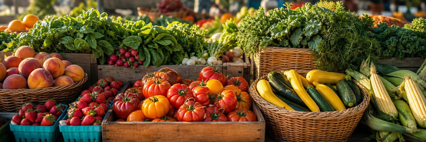 A California farmers market display overflowing with fresh produce: peaches, heirloom tomatoes, strawberries, squash, corn, basil, and leafy greens in wooden crates and baskets.