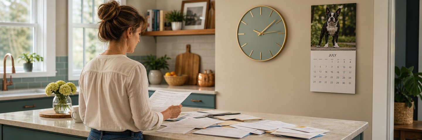 A woman stands at her kitchen island sorting through scattered papers and envelopes. A modern wall clock and a July calendar hang on the wall behind her, suggesting a deadline to keep track of.