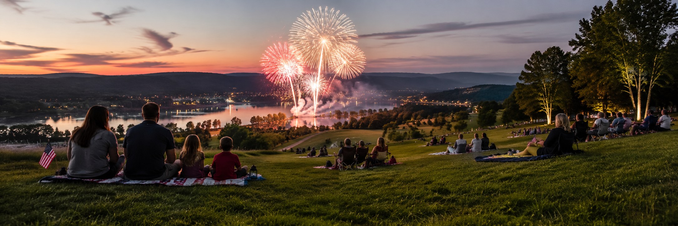 A family watching distant Fourth of July fireworks from a quiet hillside at golden hour