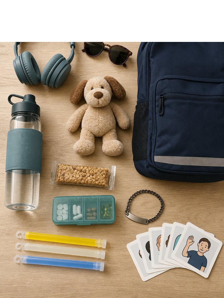 A packed go-bag flat-lay: headphones, water bottle, comfort toy, snacks, medication organizer, ID bracelet, glow sticks, communication cards, and sunglasses by a backpack