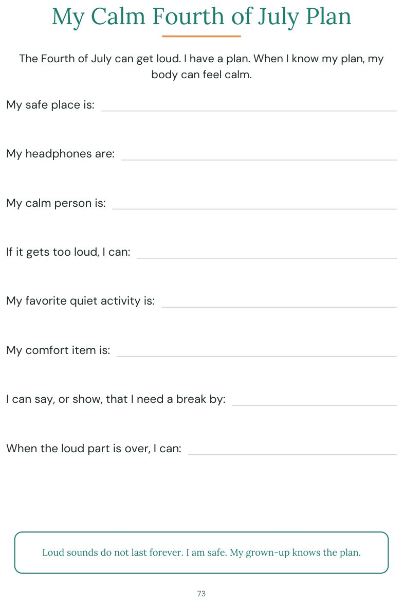 My Calm Fourth of July Plan, a fill-in plan for the person