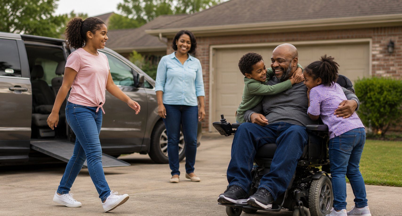 A family with an accessible van greeting their father, who uses a power wheelchair, in the driveway