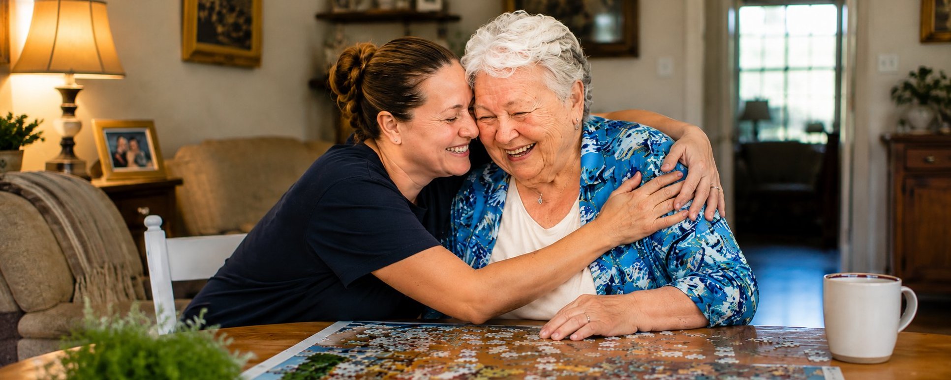 A caregiver and an older woman embracing and laughing at a table while working on a jigsaw puzzle at home