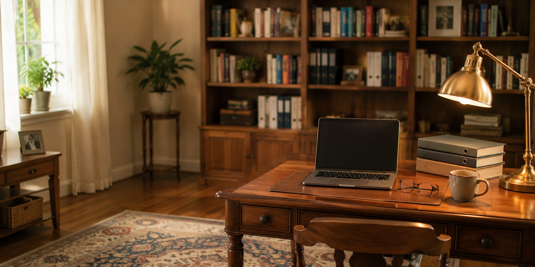 A warm home office with a laptop, desk lamp, and a bookcase full of books and binders