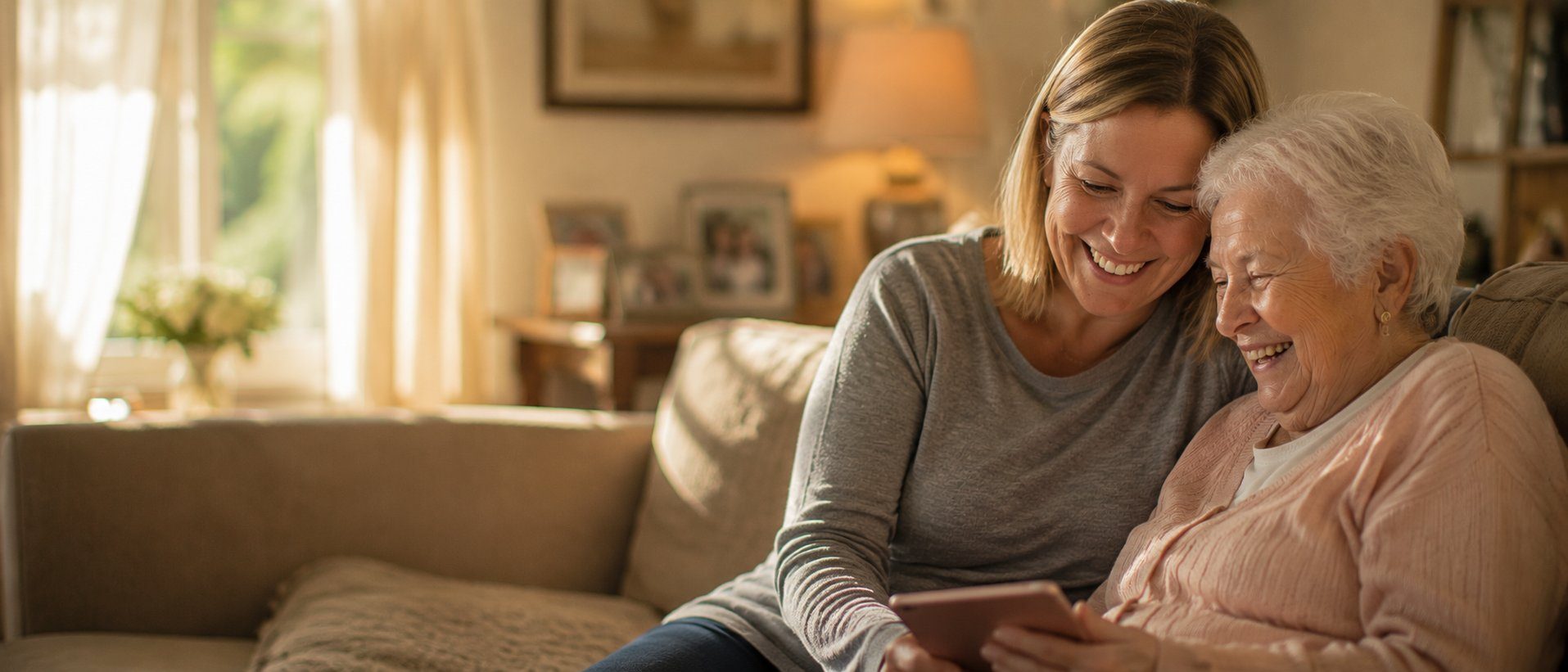 An adult daughter and her elderly mother smiling together while looking at a tablet on the couch at home