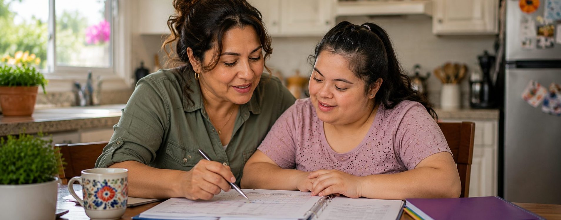 Two people reviewing IHSS paperwork together at a kitchen table at home