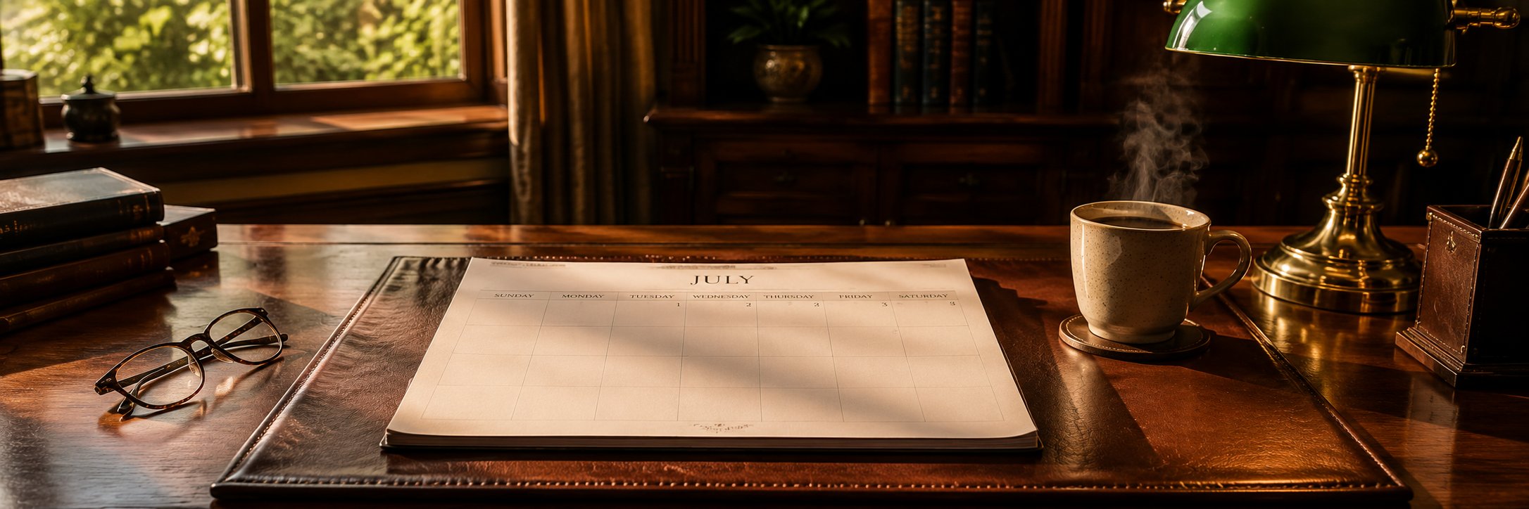 A warm executive home office desk in evening light. A leather desk pad holds an open monthly calendar turned to July, with reading glasses resting nearby, a steaming ceramic coffee mug on a coaster, and a brass banker's lamp with a green glass shade casting soft light across the polished walnut surface