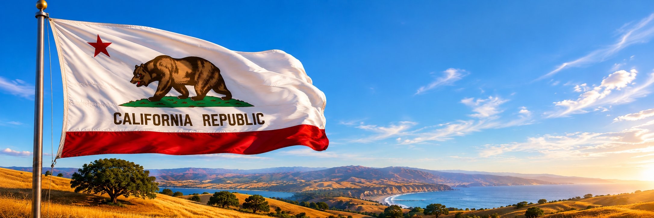 The California state flag waving over golden hills above the coast