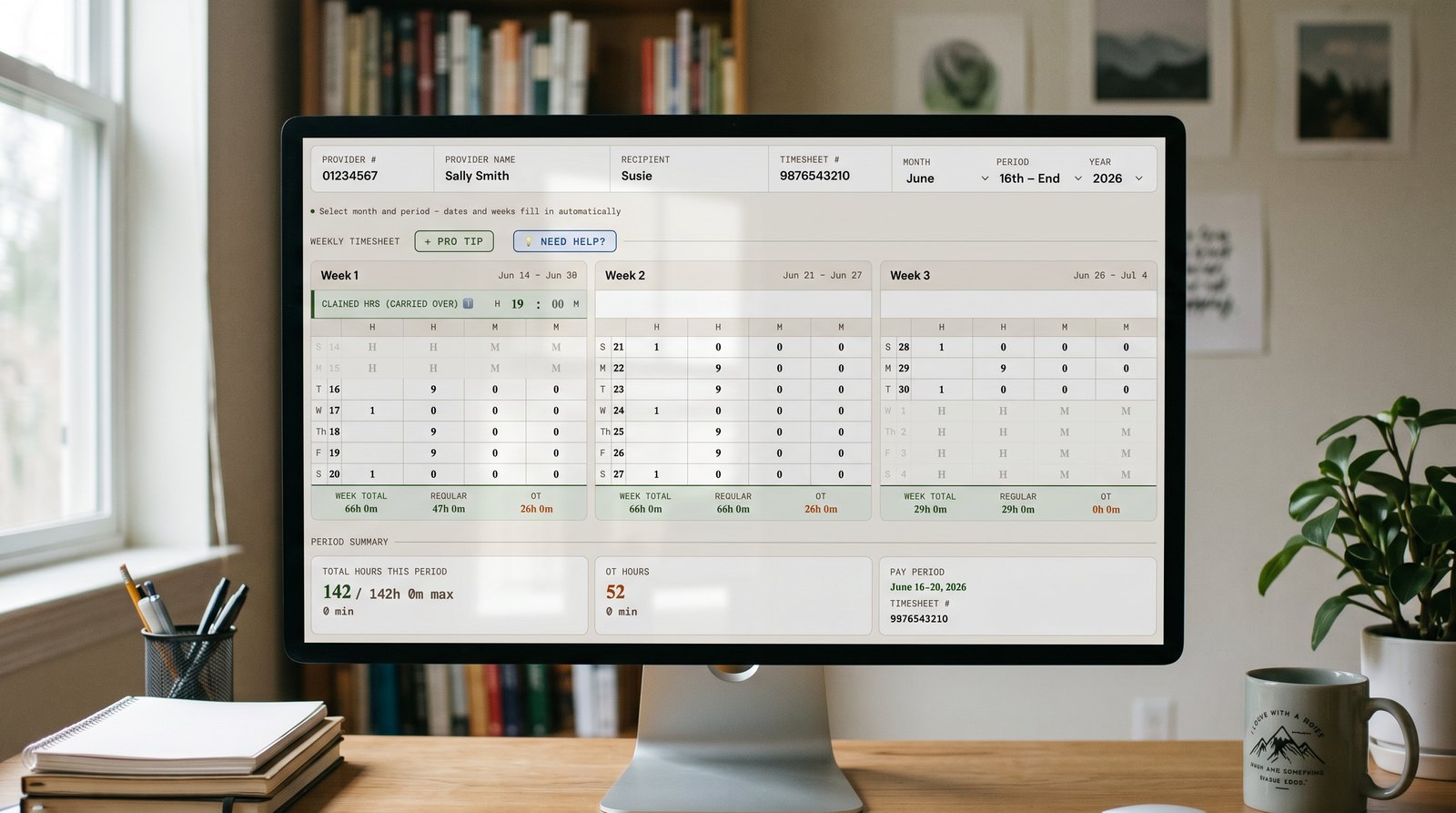 IHSS Calculator Pro open on a desktop monitor in a home office, showing a full pay period plan