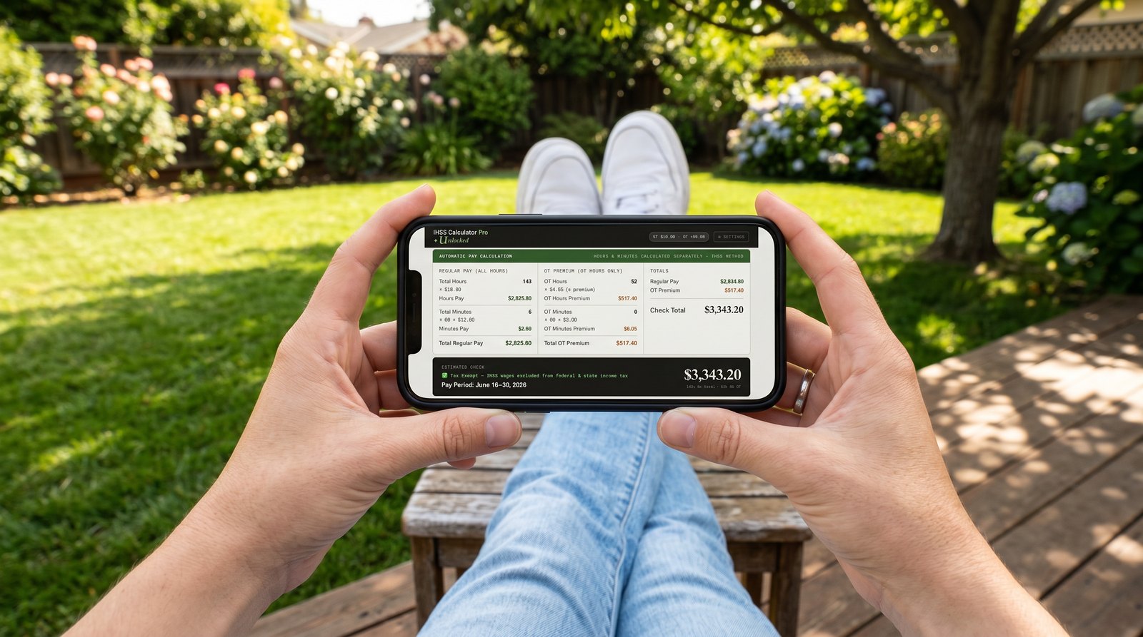 A provider relaxing in a backyard, viewing their estimated paycheck on IHSS Calculator Pro on a phone