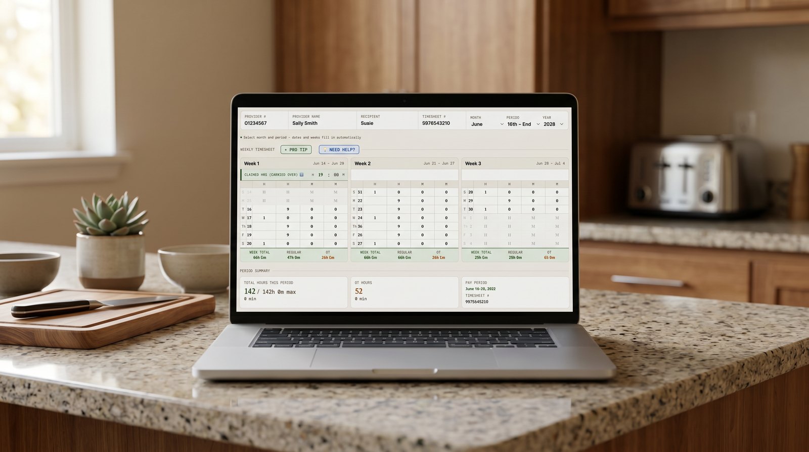 IHSS Calculator Pro open on a laptop on a kitchen counter, showing a full pay period plan