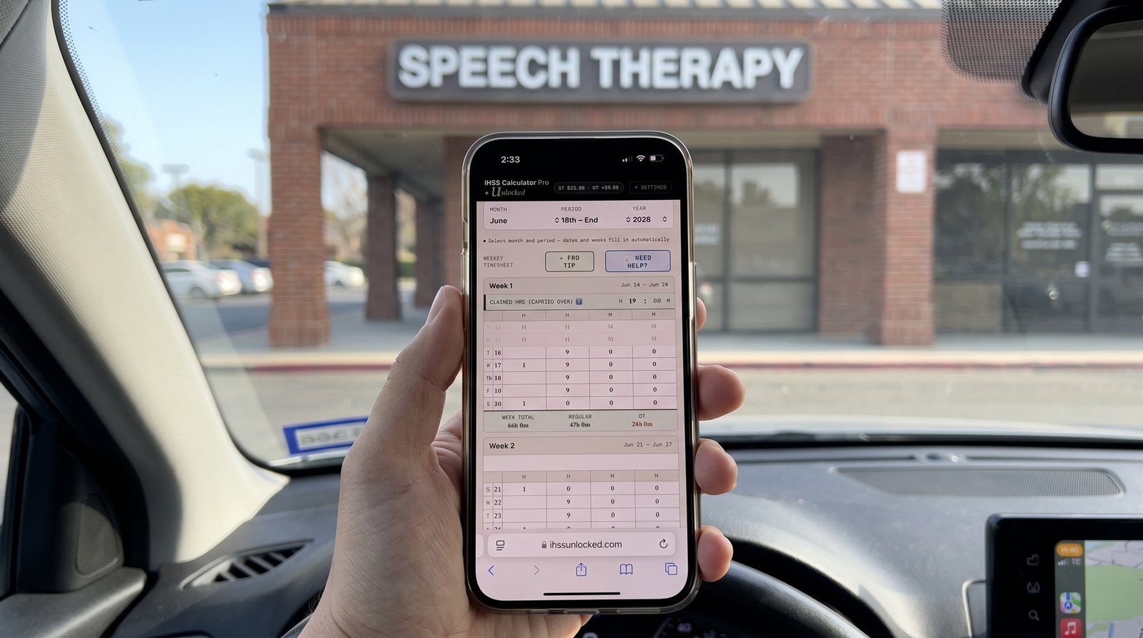 A provider holding a phone showing IHSS Calculator Pro while parked outside a speech therapy office