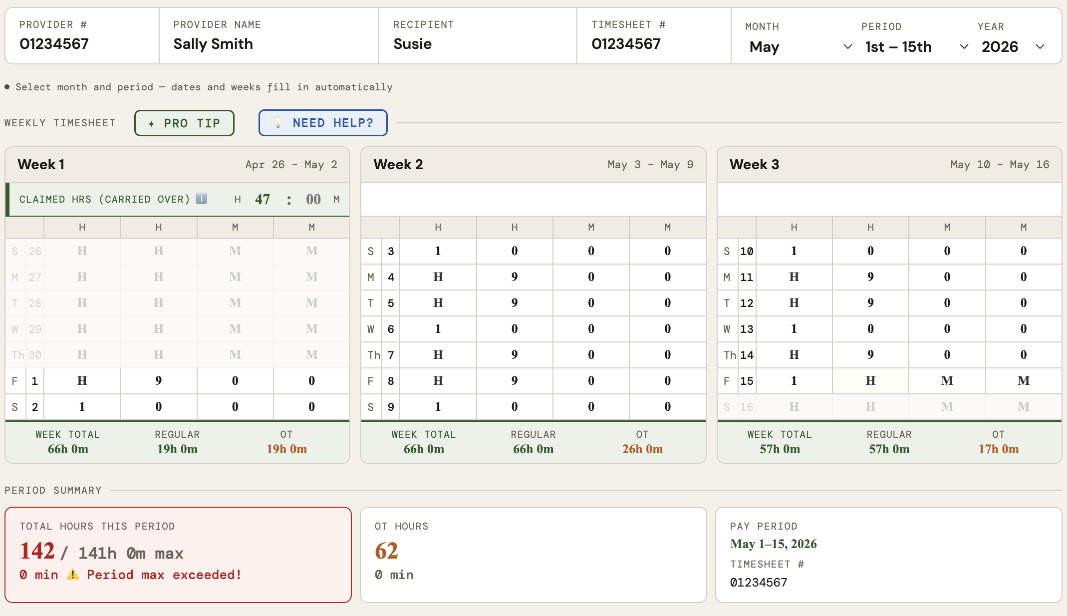 IHSS Calculator Pro planner showing a sample pay period with real-time violation detection